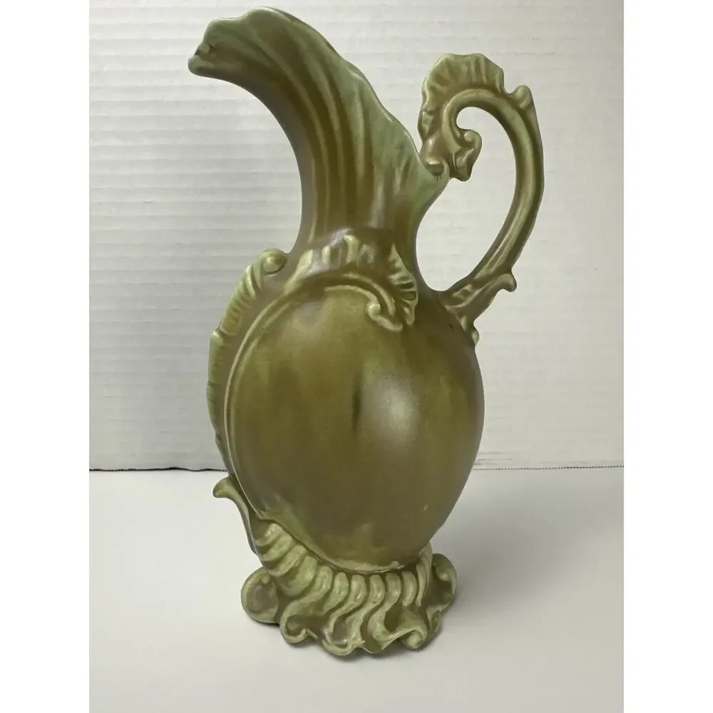 Vintage Green Matte Ceramic Art Deco Pitcher Vase – Ornate Leaf Handle – 8” Tall